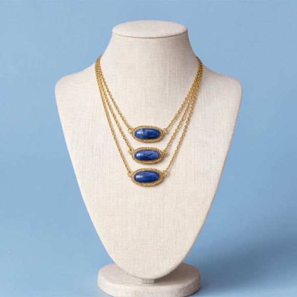None Jewelry - 90s 00s Gold & Sodalite-style blue gemstone Necklace 3 in 1 layered.